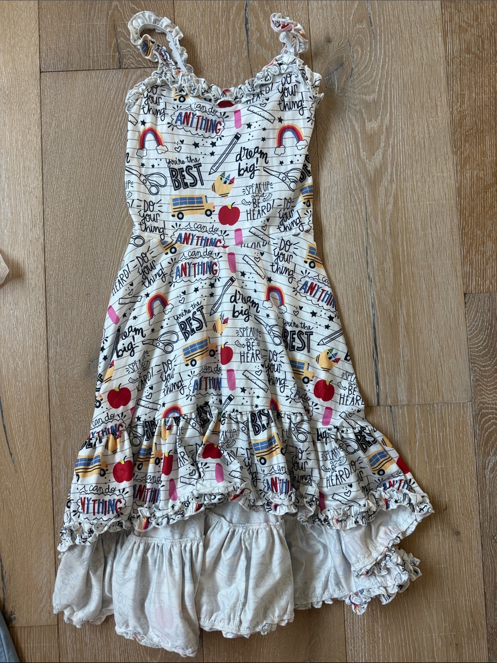 Girls Cream Graphic Ruffle Sundress with School Motif
